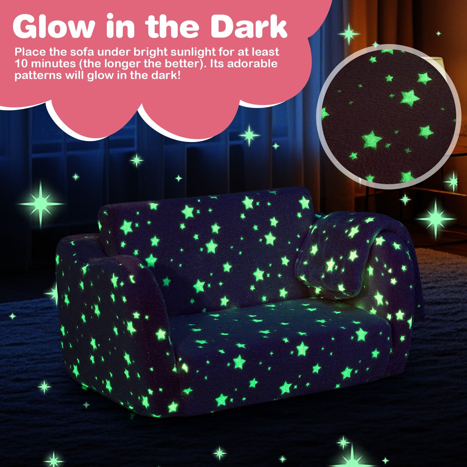 2-in-1 Folding Kids Couch with Blanket Glow in the Dark, Pink Kids Chairs & Seating at Gallery Canada