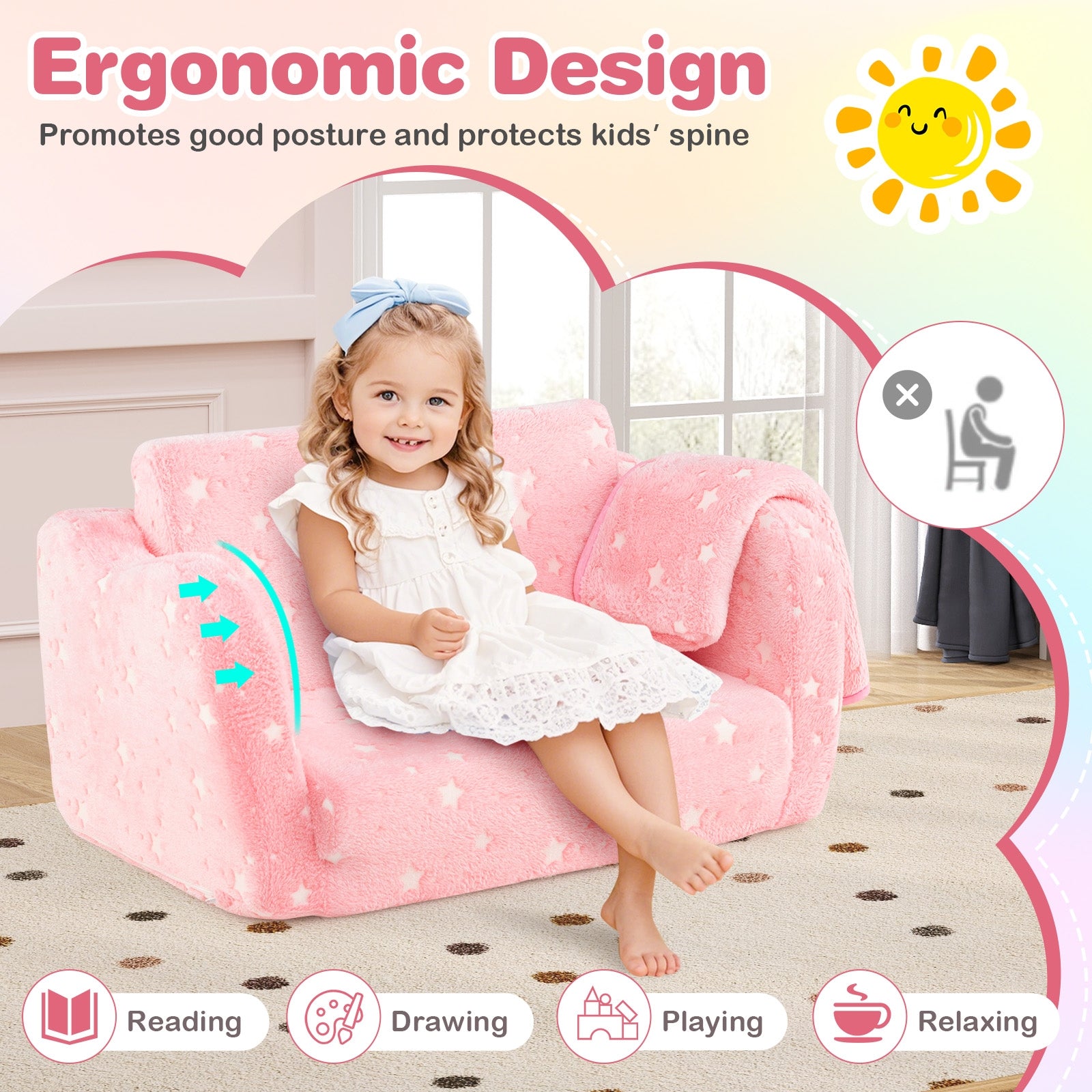 2-in-1 Folding Kids Couch with Blanket Glow in the Dark, Pink Kids Chairs & Seating at Gallery Canada