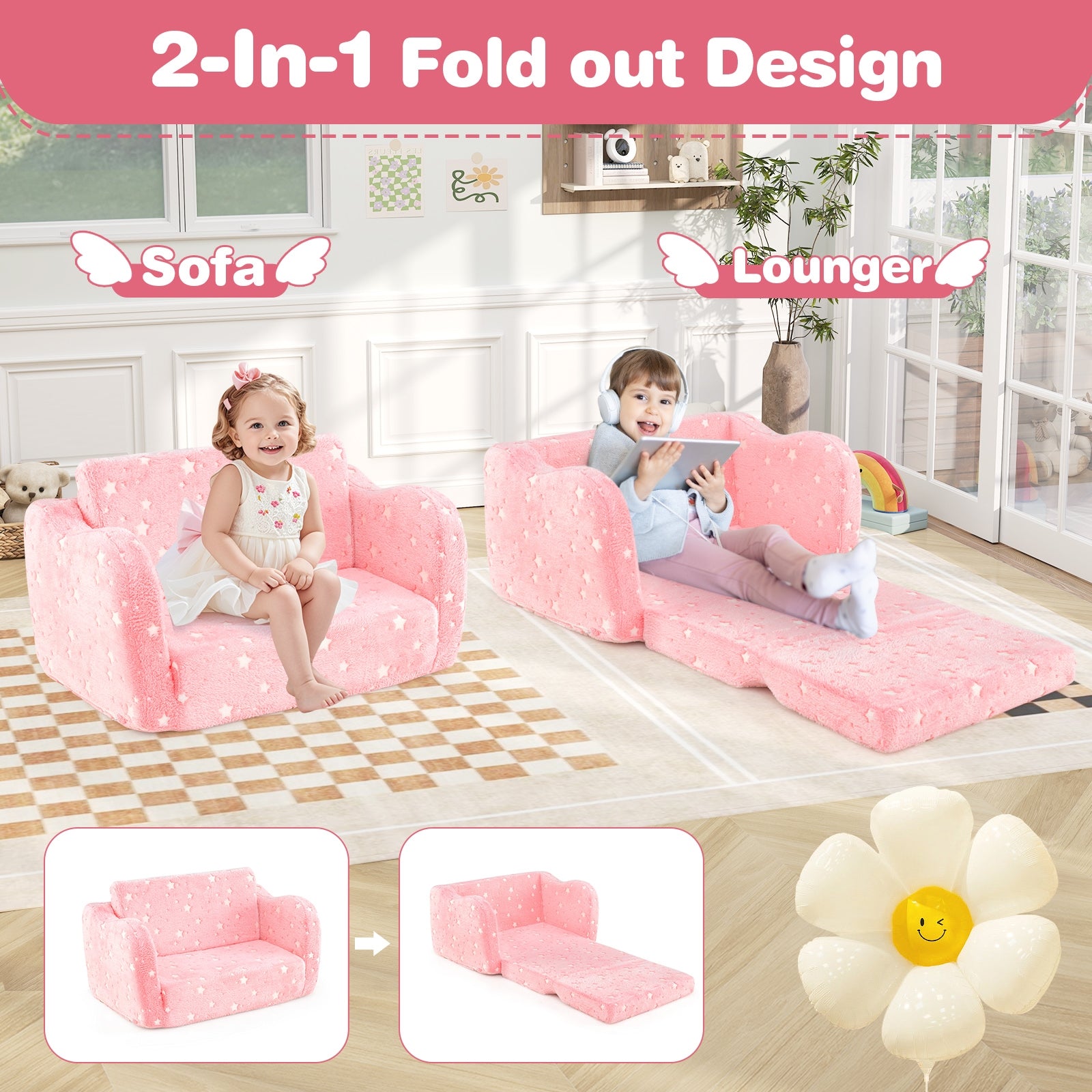 2-in-1 Folding Kids Couch with Blanket Glow in the Dark, Pink Kids Chairs & Seating at Gallery Canada