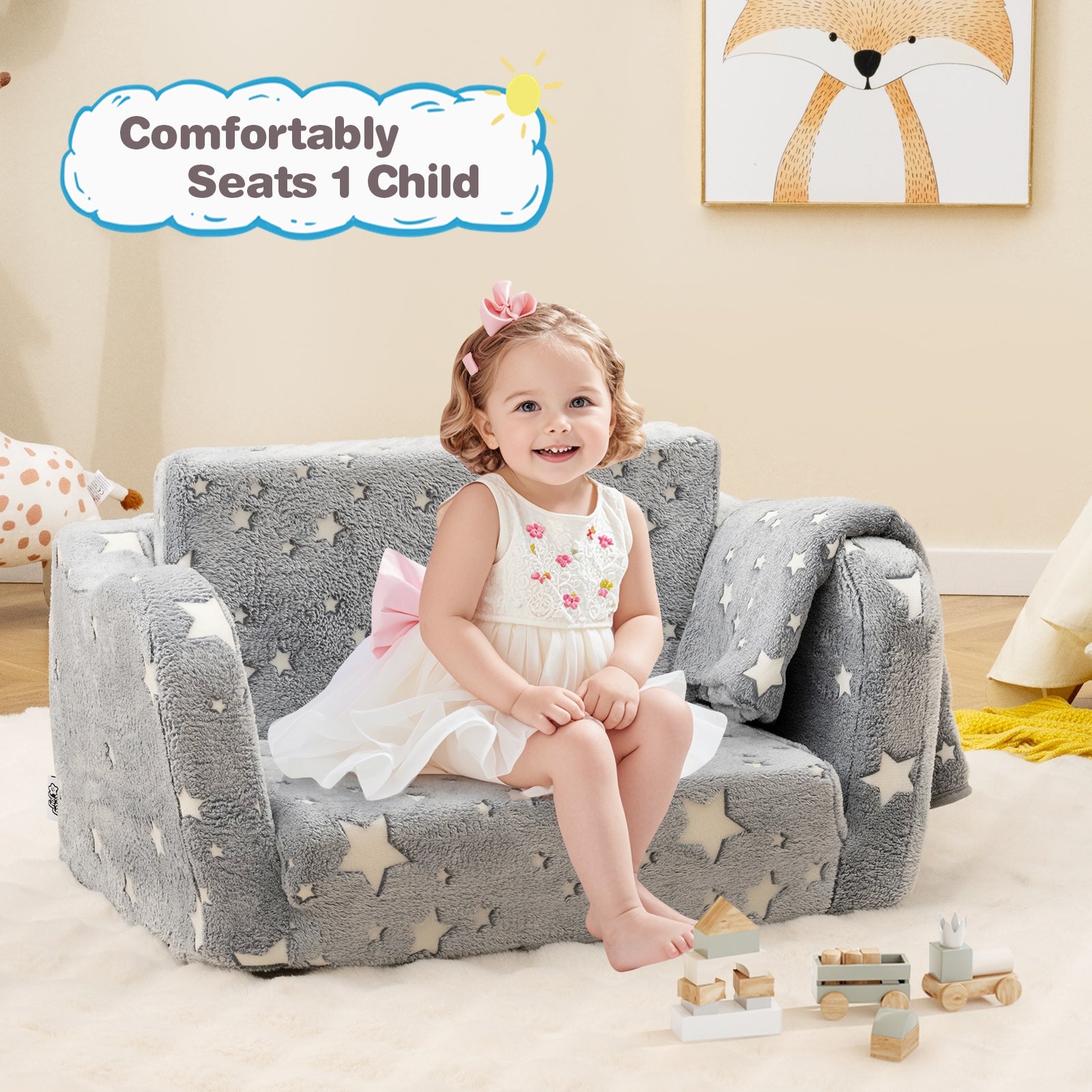 2-in-1 Folding Kids Couch with Blanket Glow in the Dark, Gray Kids Chairs & Seating at Gallery Canada