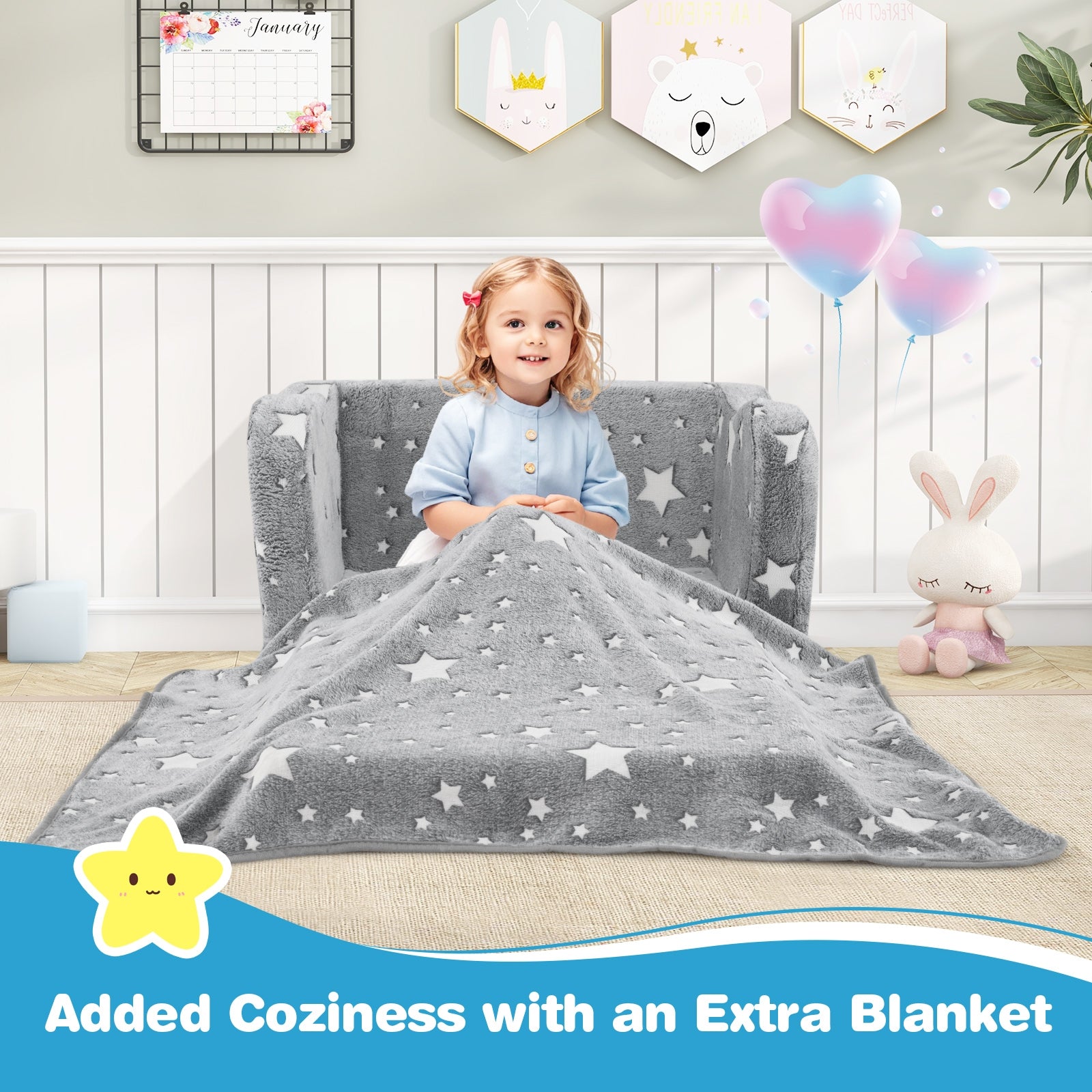2-in-1 Folding Kids Couch with Blanket Glow in the Dark, Gray Kids Chairs & Seating at Gallery Canada
