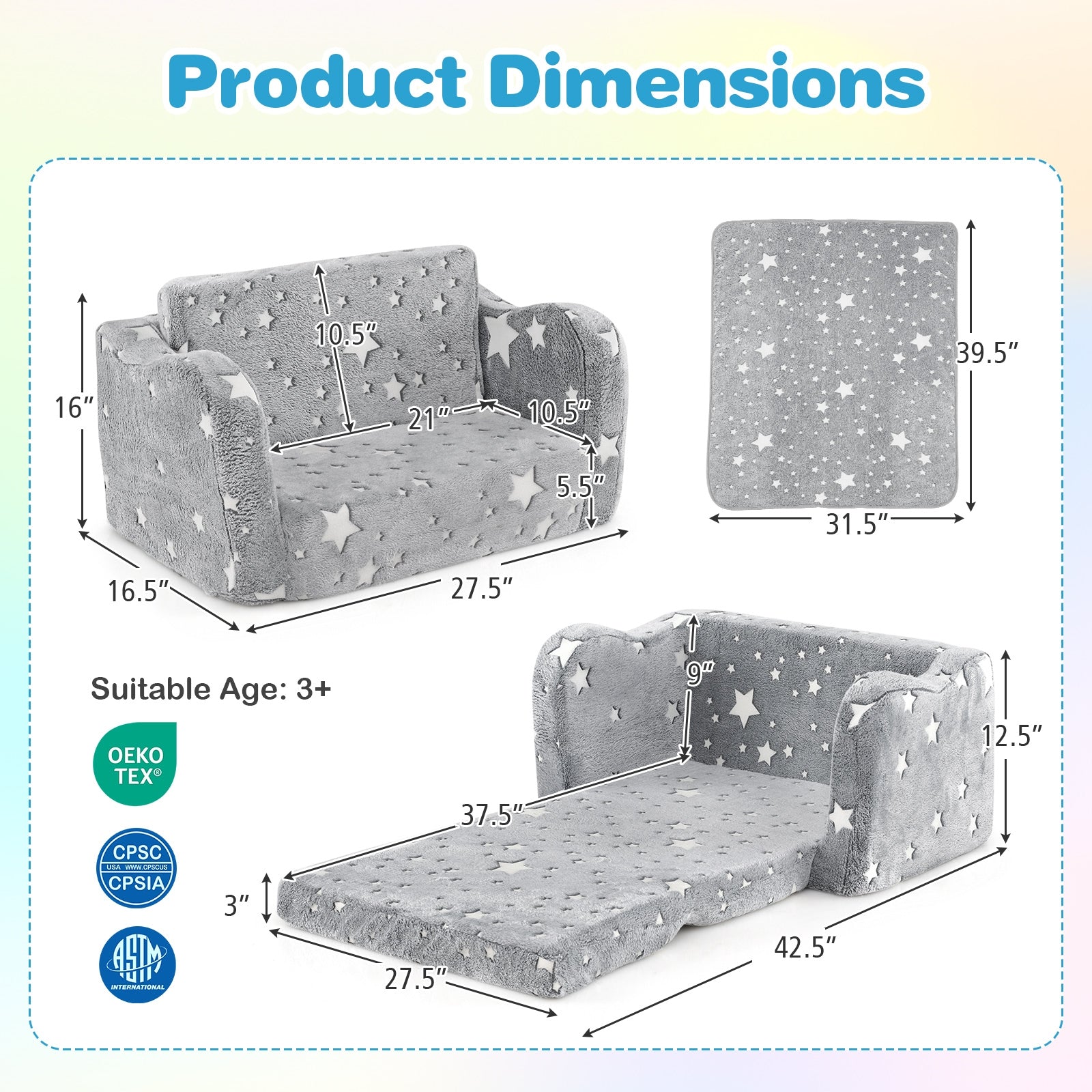 2-in-1 Folding Kids Couch with Blanket Glow in the Dark, Gray Kids Chairs & Seating at Gallery Canada