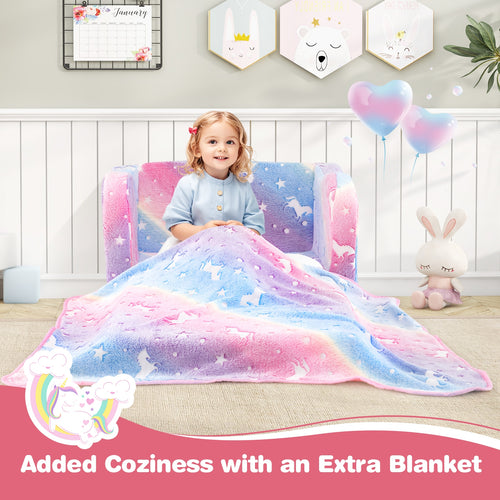 2-in-1 Folding Kids Couch with Blanket Glow in the Dark, Multicolor