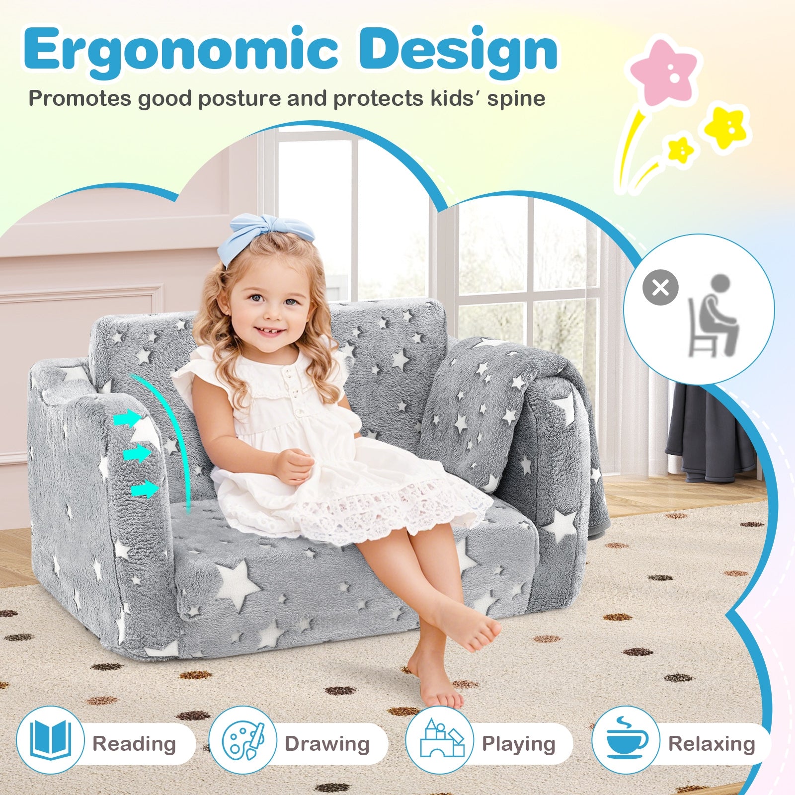 2-in-1 Folding Kids Couch with Blanket Glow in the Dark, Gray Kids Chairs & Seating at Gallery Canada