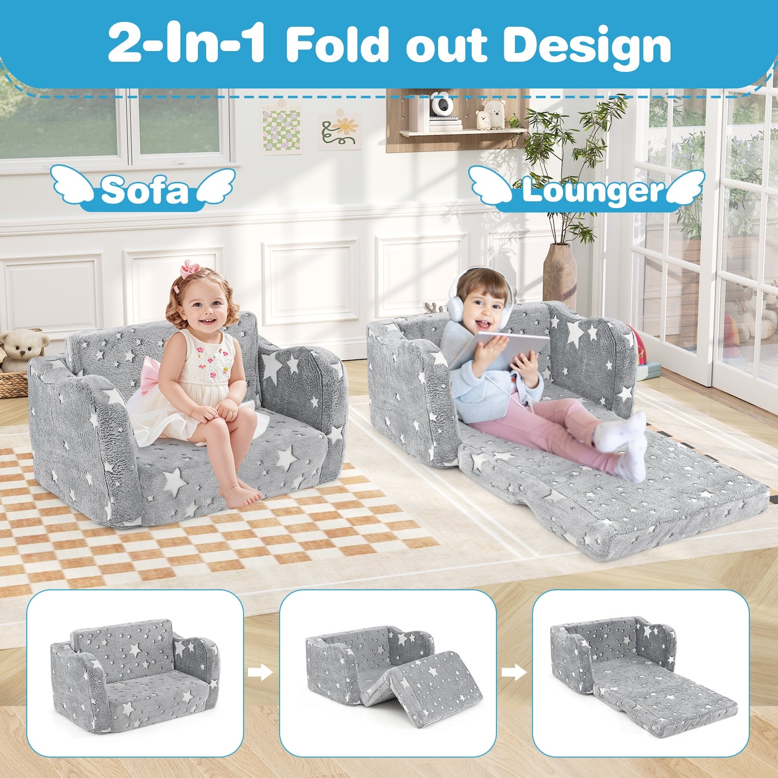 2-in-1 Folding Kids Couch with Blanket Glow in the Dark, Gray Kids Chairs & Seating at Gallery Canada