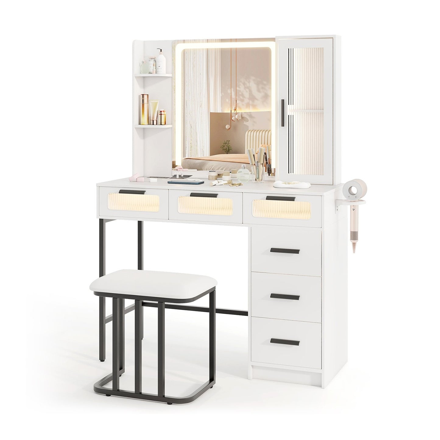 Makeup Vanity Desk with 3-Color Induction LED Lights and 6 Drawers, White Makeup Vanities White  at Gallery Canada