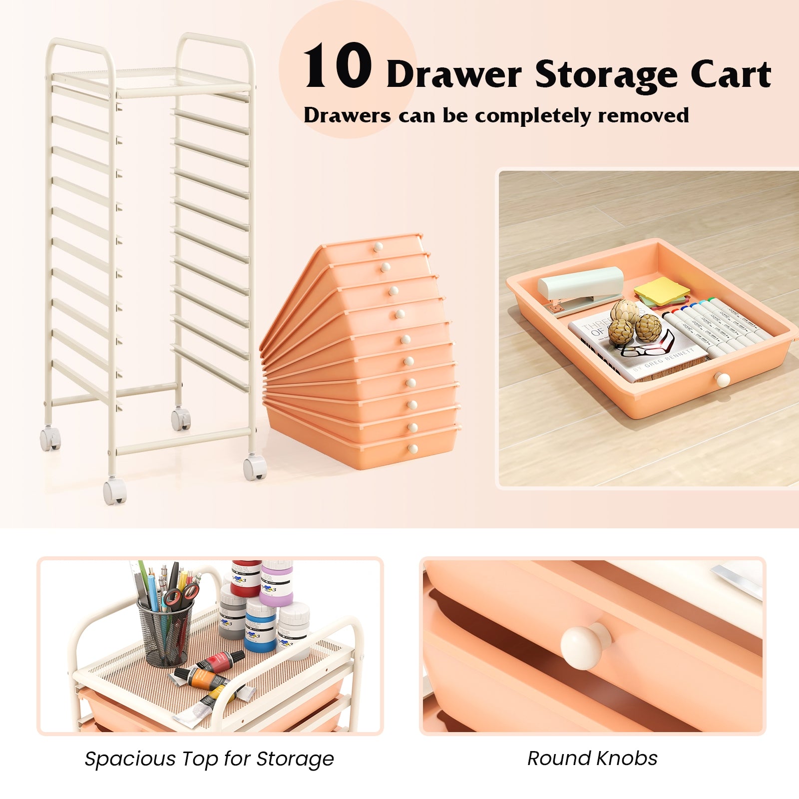 10 Drawer Rolling Storage Cart Organizer with 4 Universal Casters, Cherry File Cabinets   at Gallery Canada