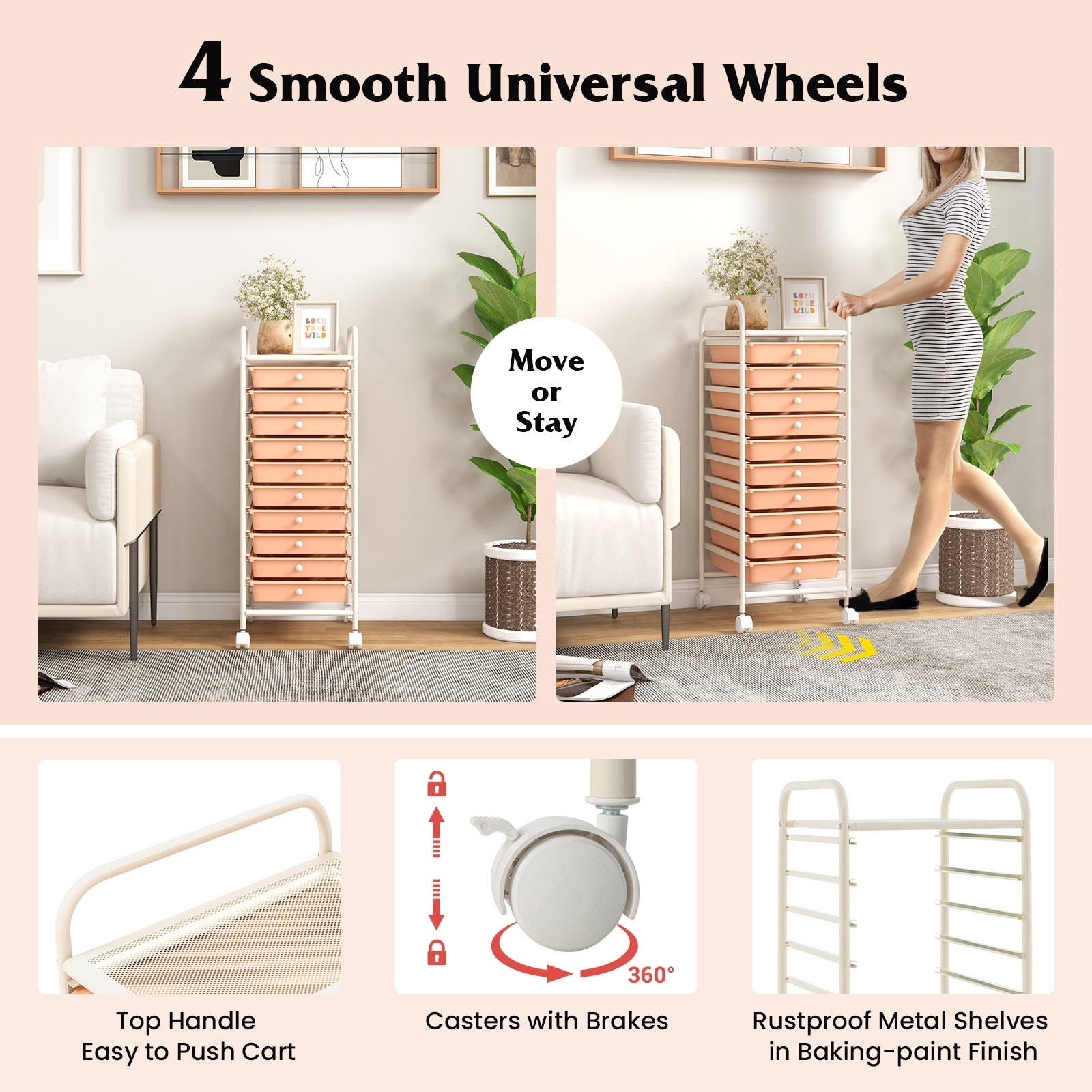 10 Drawer Rolling Storage Cart Organizer with 4 Universal Casters, Cherry File Cabinets   at Gallery Canada