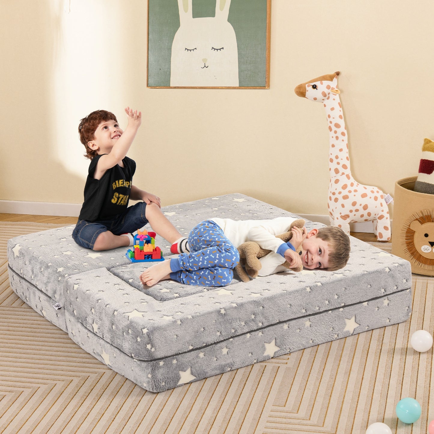 2 Seater Kids Play Couch with Removable and Machine Washable Flannel Cover, Gray Kids Chairs & Seating   at Gallery Canada