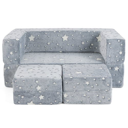 2 Seater Kids Play Couch with Removable and Machine Washable Flannel Cover, Gray