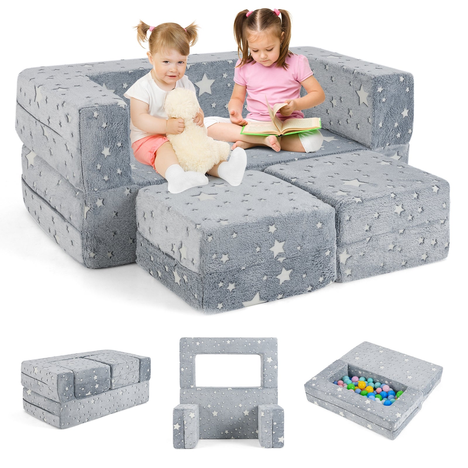 2 Seater Kids Play Couch with Removable and Machine Washable Flannel Cover, Gray Kids Chairs & Seating   at Gallery Canada