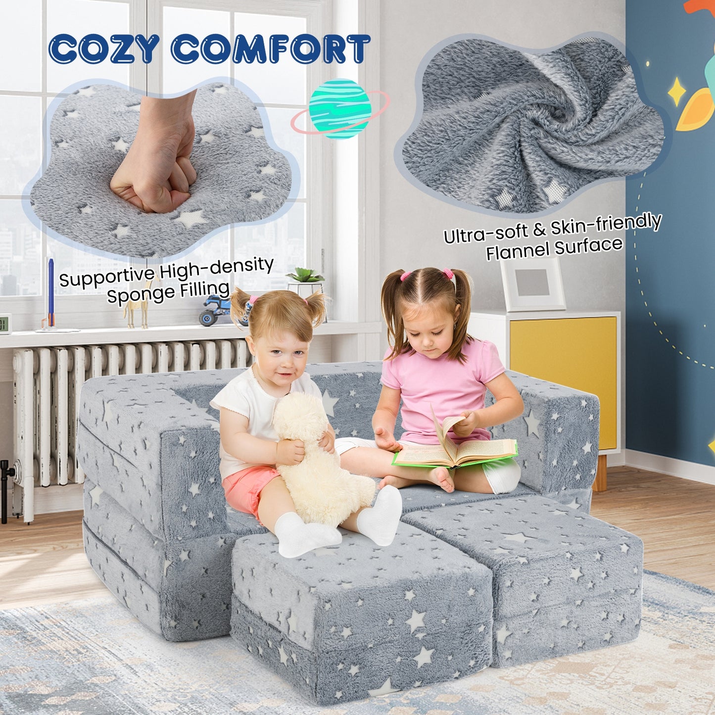 2 Seater Kids Play Couch with Removable and Machine Washable Flannel Cover, Gray Kids Chairs & Seating   at Gallery Canada