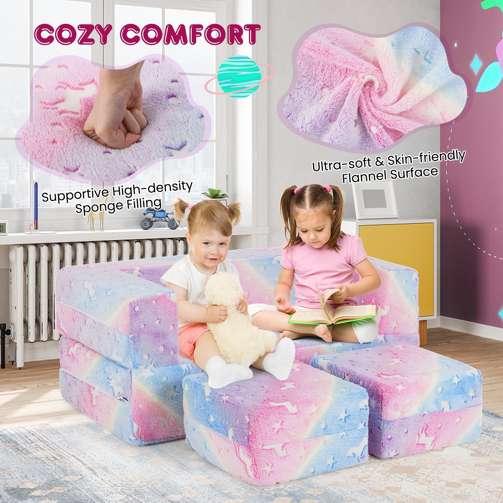 2 Seater Kids Play Couch with Removable and Machine Washable Flannel Cover, Color Kids Chairs & Seating   at Gallery Canada