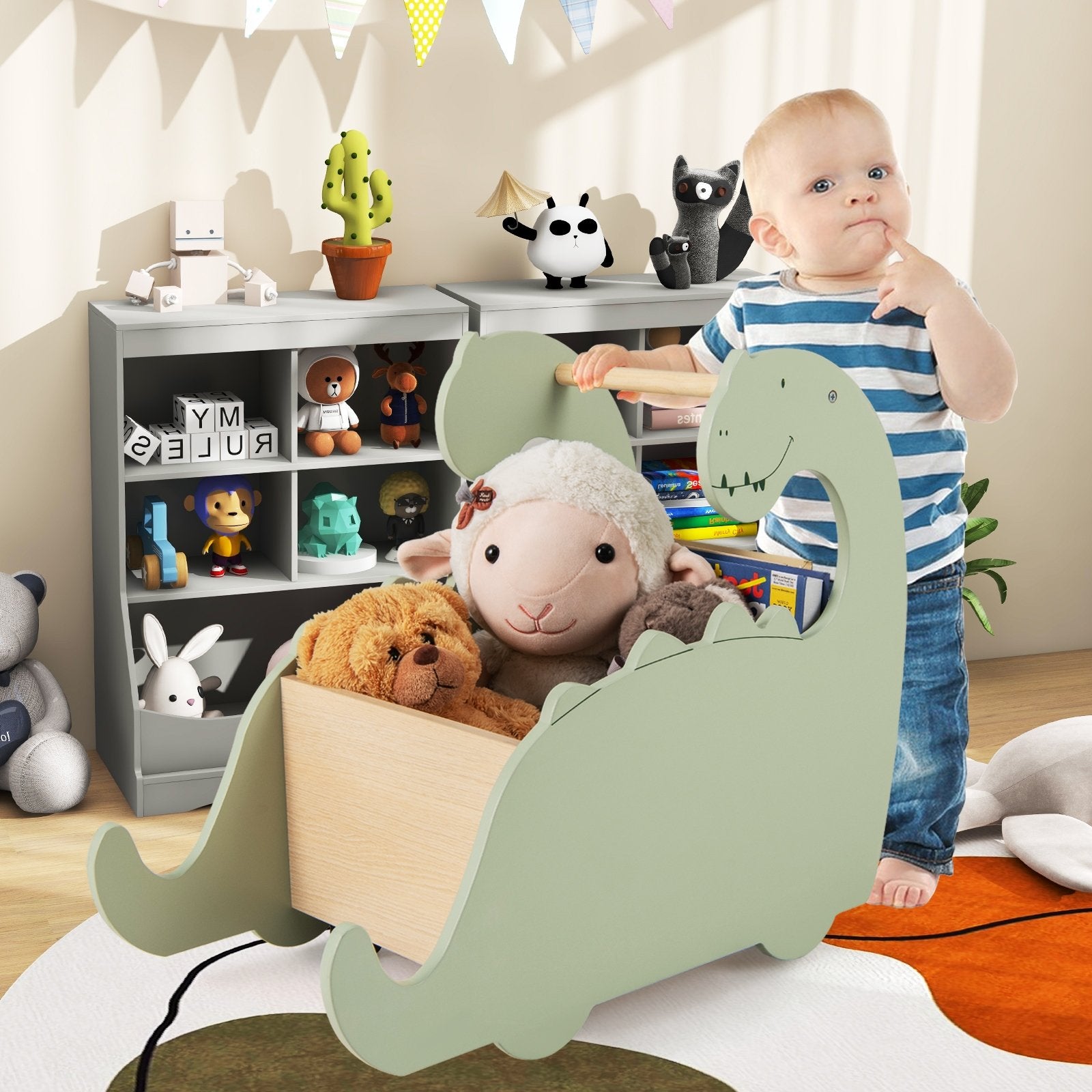 2 in 1 Wooden Baby Push Walker with Pine Wood Handle, Green Baby Gyms & Playmats at Gallery Canada