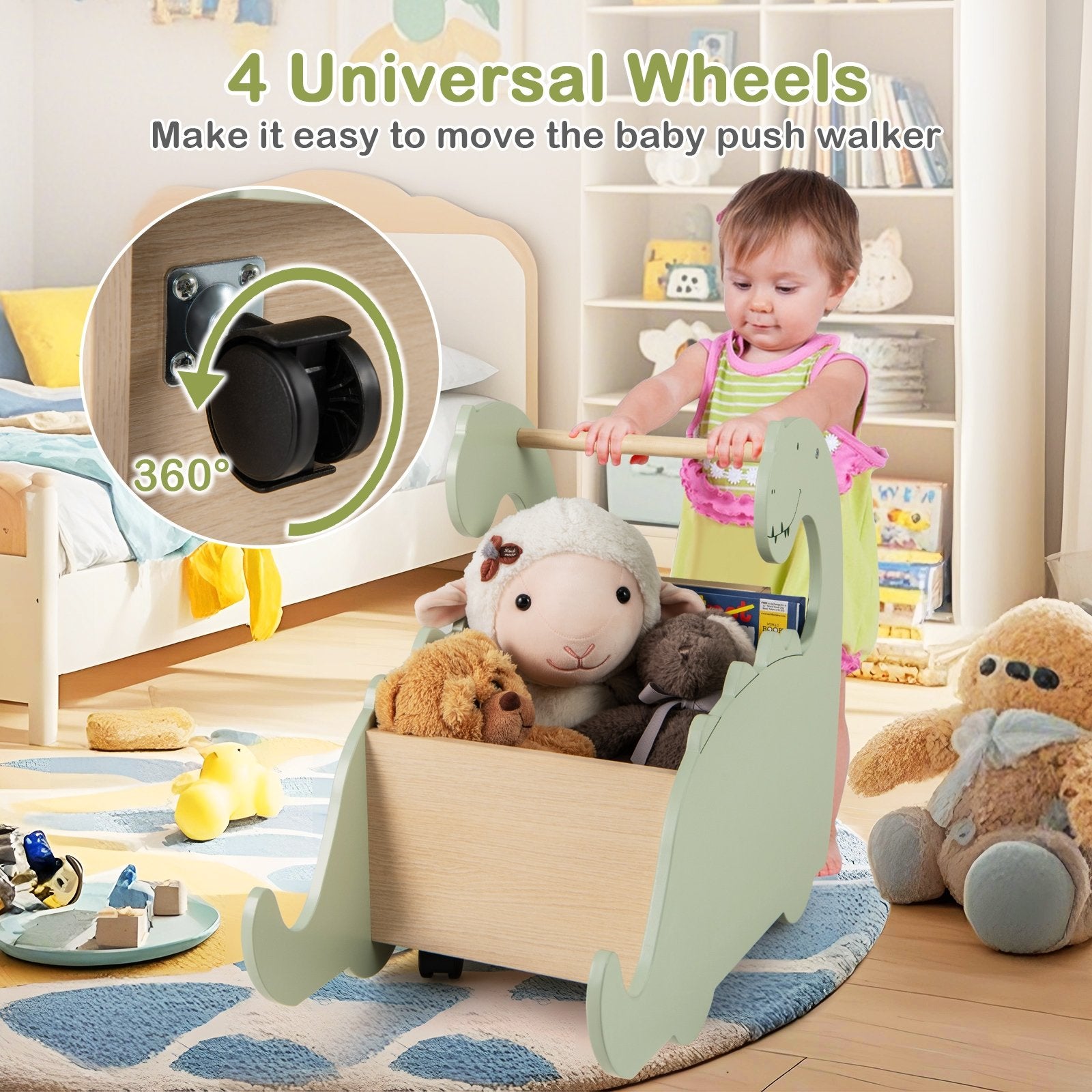 2 in 1 Wooden Baby Push Walker with Pine Wood Handle, Green Baby Gyms & Playmats at Gallery Canada