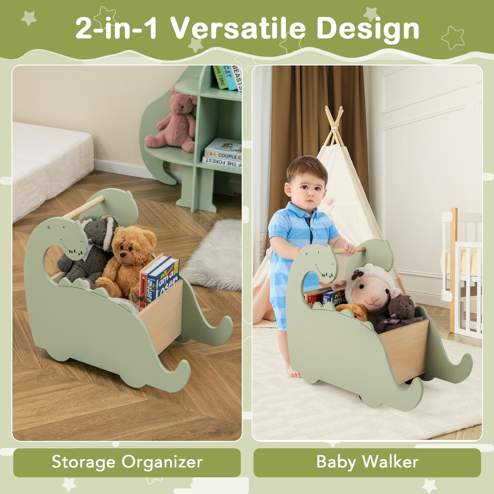 2 in 1 Wooden Baby Push Walker with Pine Wood Handle, Green Baby Gyms & Playmats at Gallery Canada