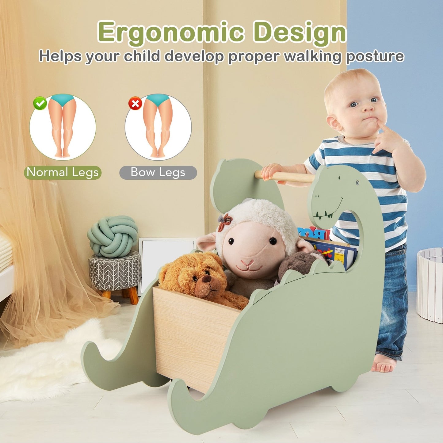 2 in 1 Wooden Baby Push Walker with Pine Wood Handle, Green Baby Gyms & Playmats at Gallery Canada