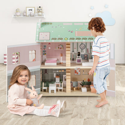 Kids Wooden Dollhouse 3 Level with Double-Sided Roofs and Doors, Pink Play Tents & Playhouse at Gallery Canada