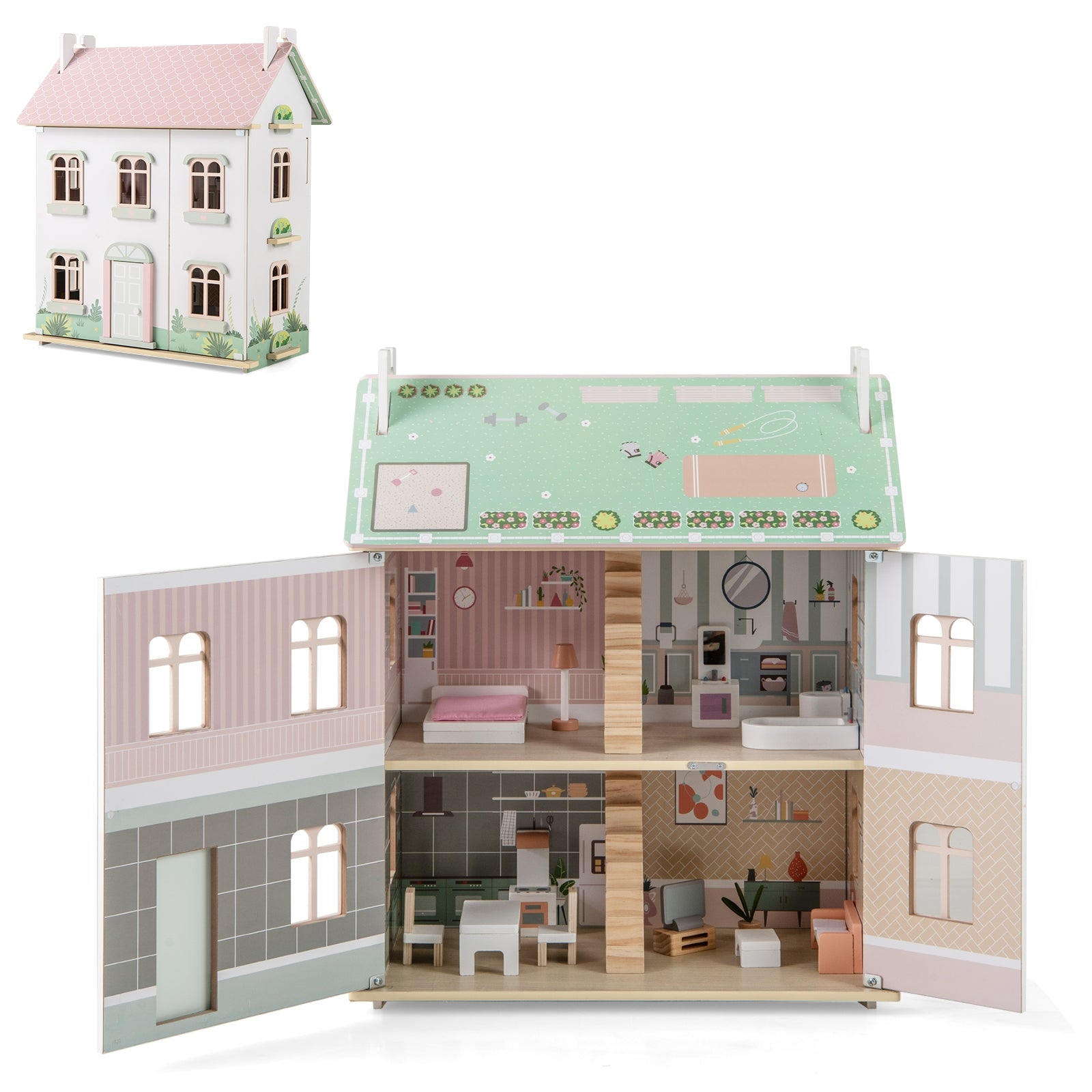 Kids Wooden Dollhouse 3 Level with Double-Sided Roofs and Doors, Pink Play Tents & Playhouse Pink at Gallery Canada