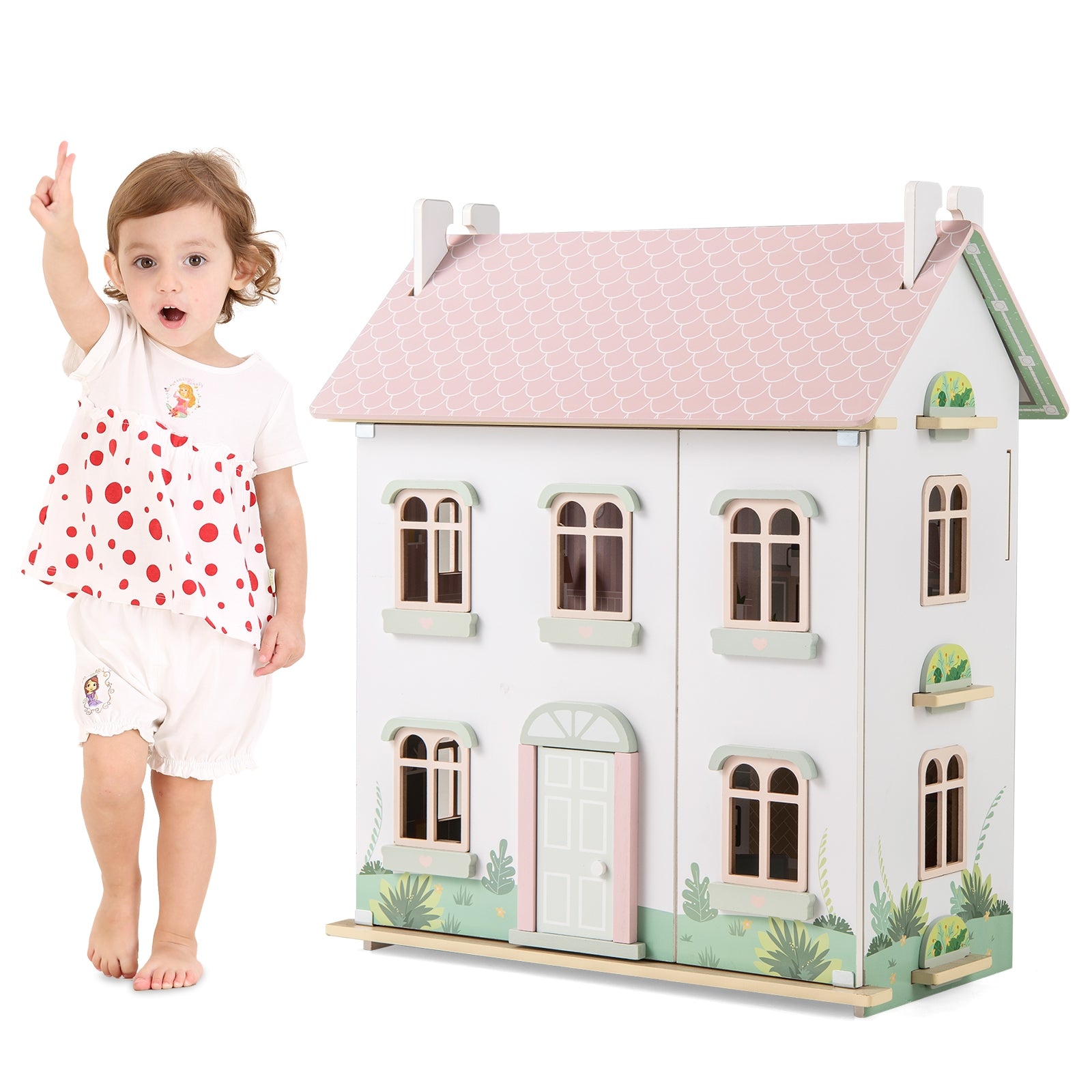 Kids Wooden Dollhouse 3 Level with Double-Sided Roofs and Doors, Pink Play Tents & Playhouse at Gallery Canada