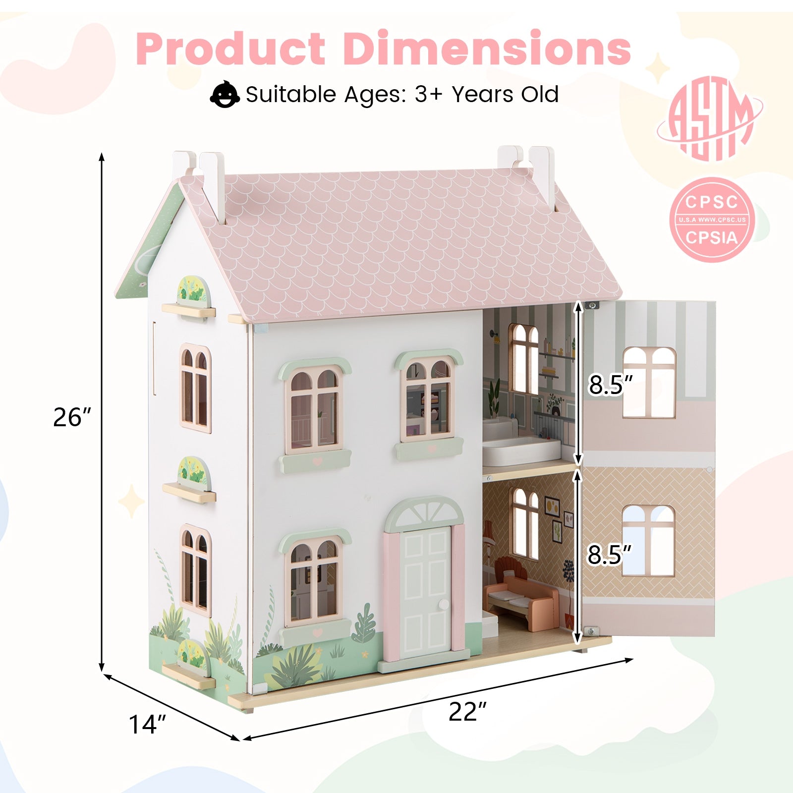 Kids Wooden Dollhouse 3 Level with Double-Sided Roofs and Doors, Pink Play Tents & Playhouse at Gallery Canada