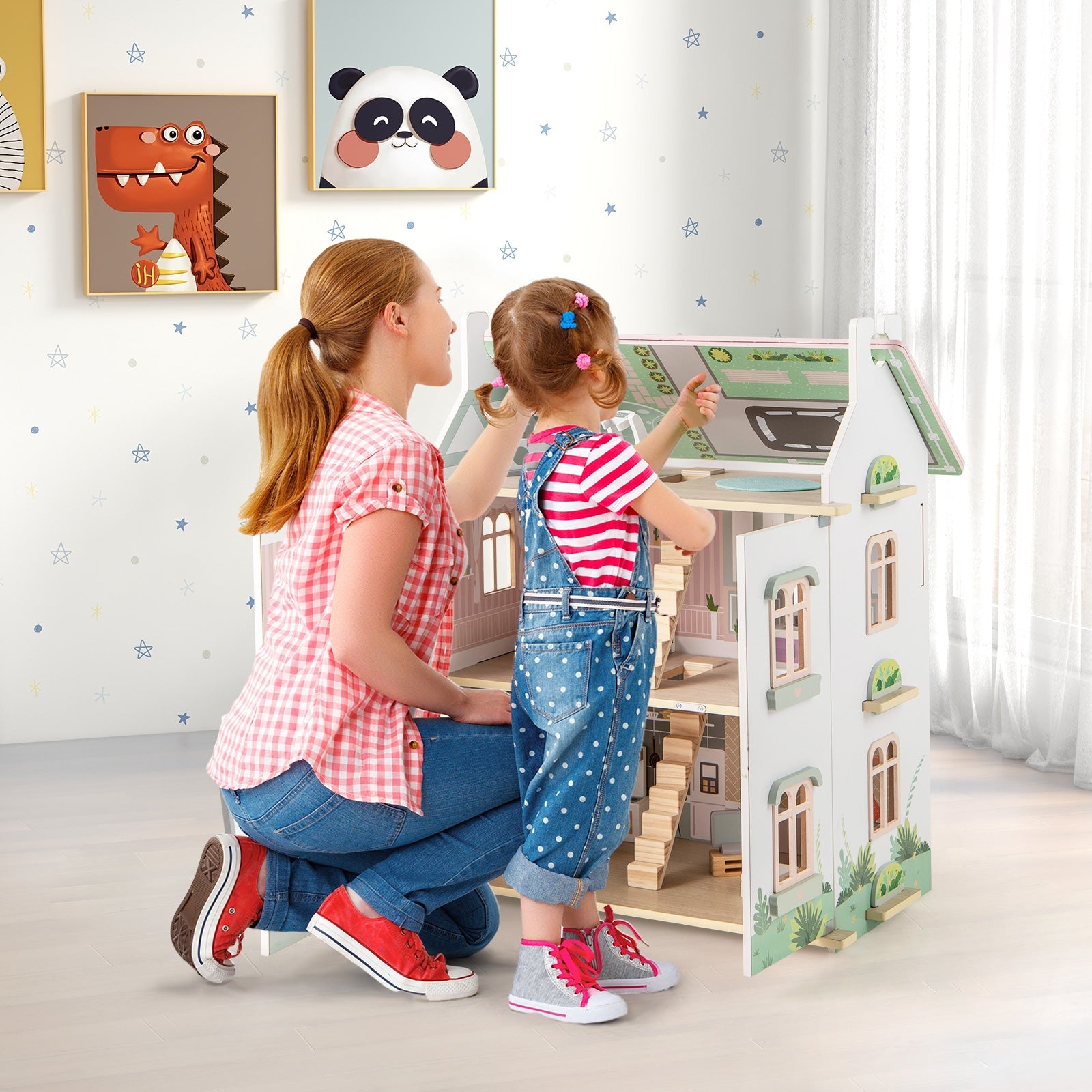 Kids Wooden Dollhouse 3 Level with Double-Sided Roofs and Doors, Pink Play Tents & Playhouse at Gallery Canada