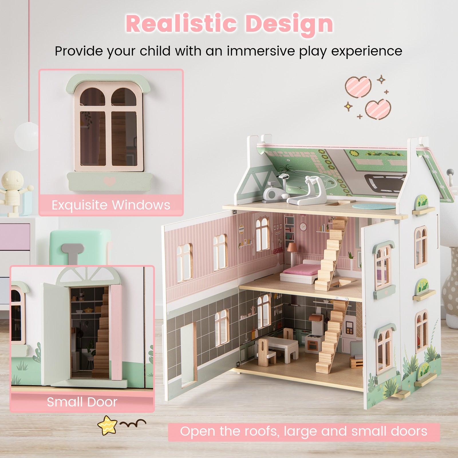 Kids Wooden Dollhouse 3 Level with Double-Sided Roofs and Doors, Pink Play Tents & Playhouse at Gallery Canada