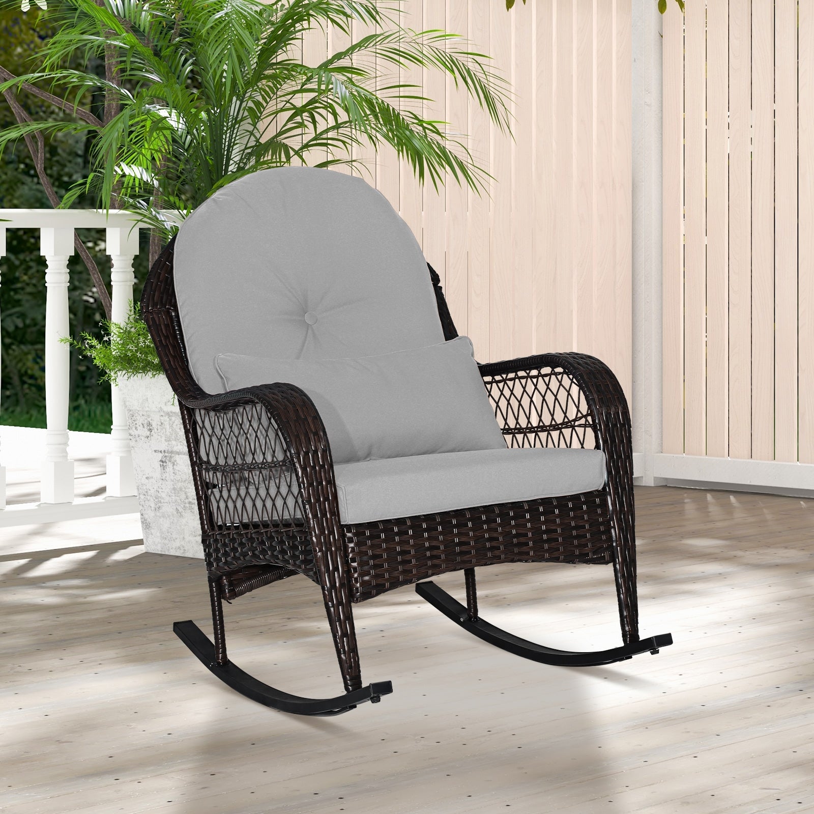 Patio Rattan Rocking Chair with Seat Back Cushions and Waist Pillow, Gray Patio Rocking Chairs & Gliders at Gallery Canada