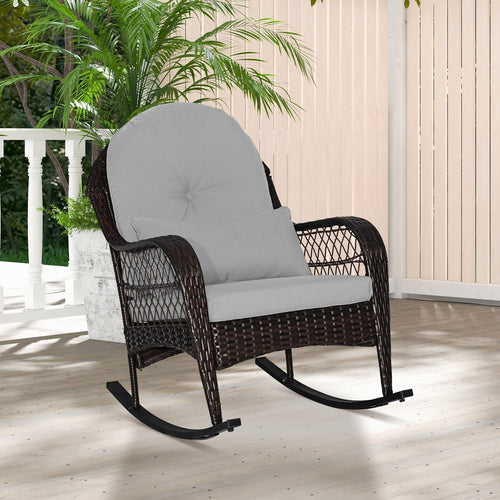 Patio Rattan Rocking Chair with Seat Back Cushions and Waist Pillow, Gray