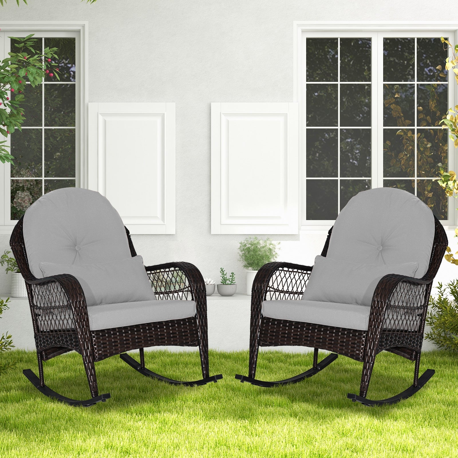 Patio Rattan Rocking Chair with Seat Back Cushions and Waist Pillow, Gray Patio Rocking Chairs & Gliders at Gallery Canada