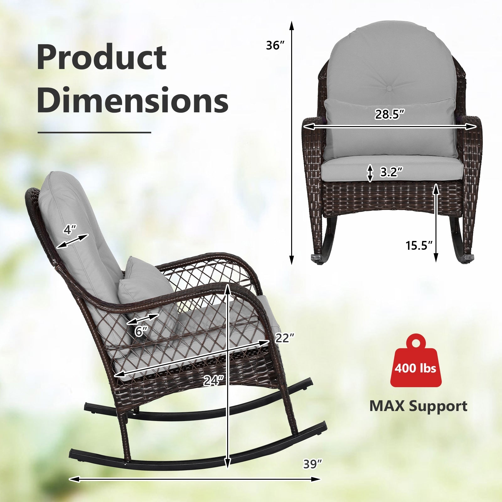 Patio Rattan Rocking Chair with Seat Back Cushions and Waist Pillow, Gray Patio Rocking Chairs & Gliders at Gallery Canada