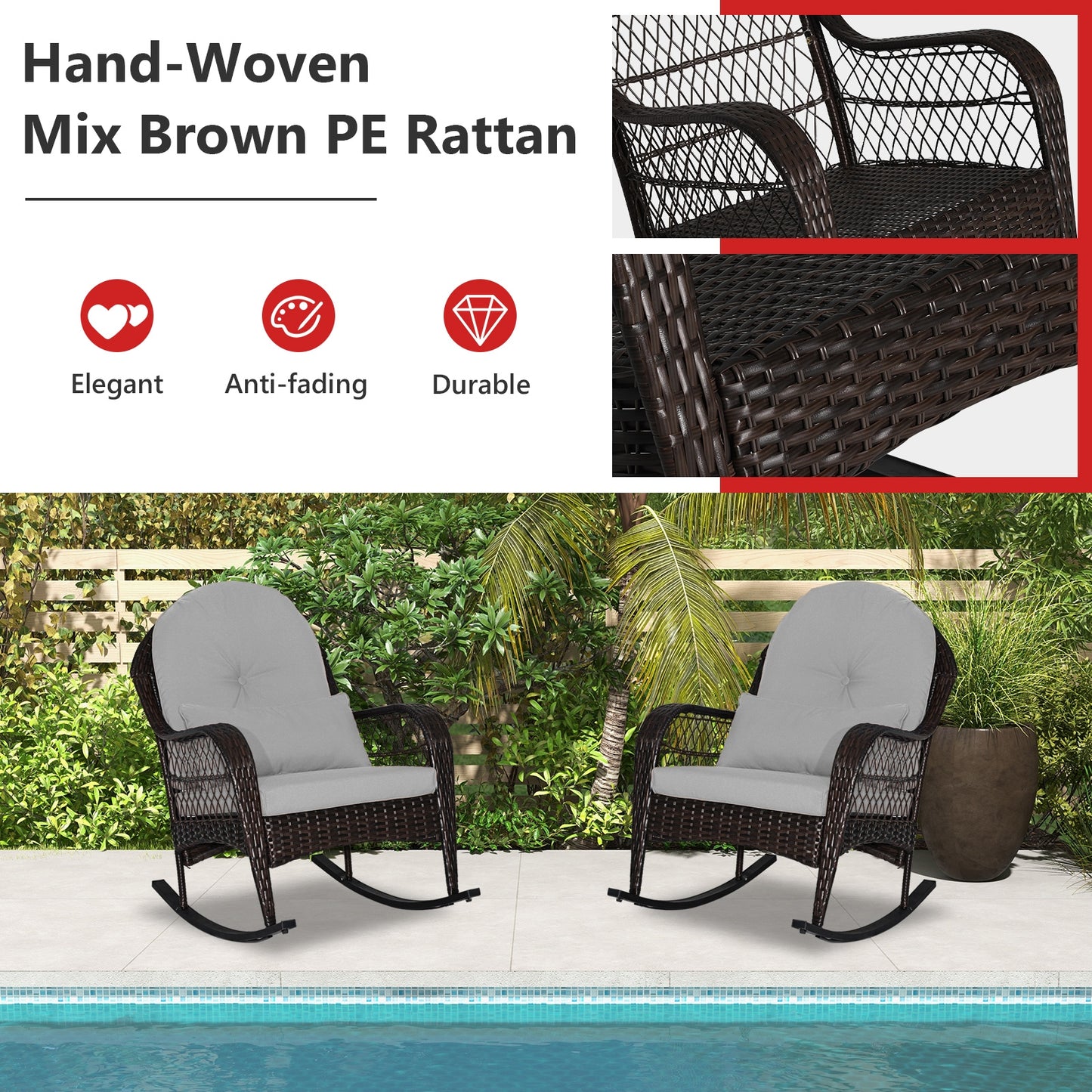 Patio Rattan Rocking Chair with Seat Back Cushions and Waist Pillow, Gray Patio Rocking Chairs & Gliders at Gallery Canada