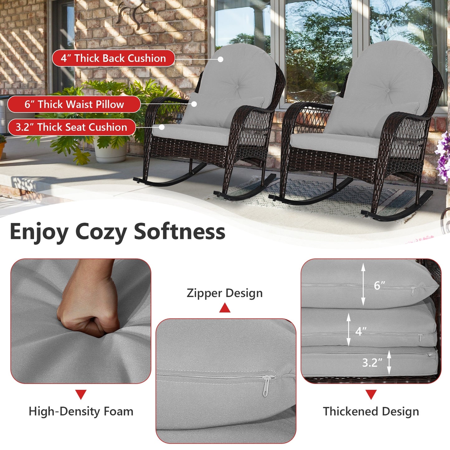 Patio Rattan Rocking Chair with Seat Back Cushions and Waist Pillow, Gray Patio Rocking Chairs & Gliders at Gallery Canada