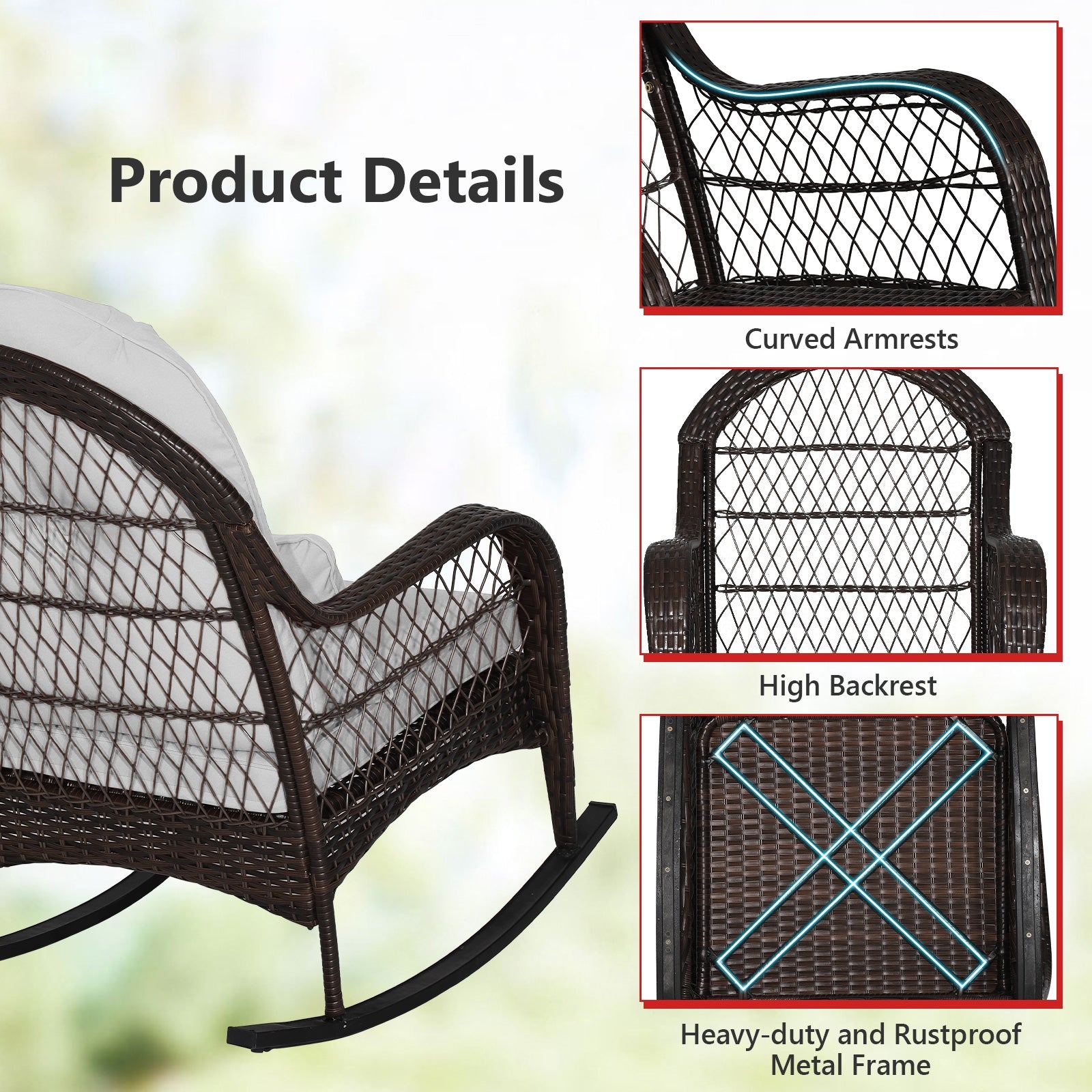 Patio Rattan Rocking Chair with Seat Back Cushions and Waist Pillow, Gray Patio Rocking Chairs & Gliders at Gallery Canada