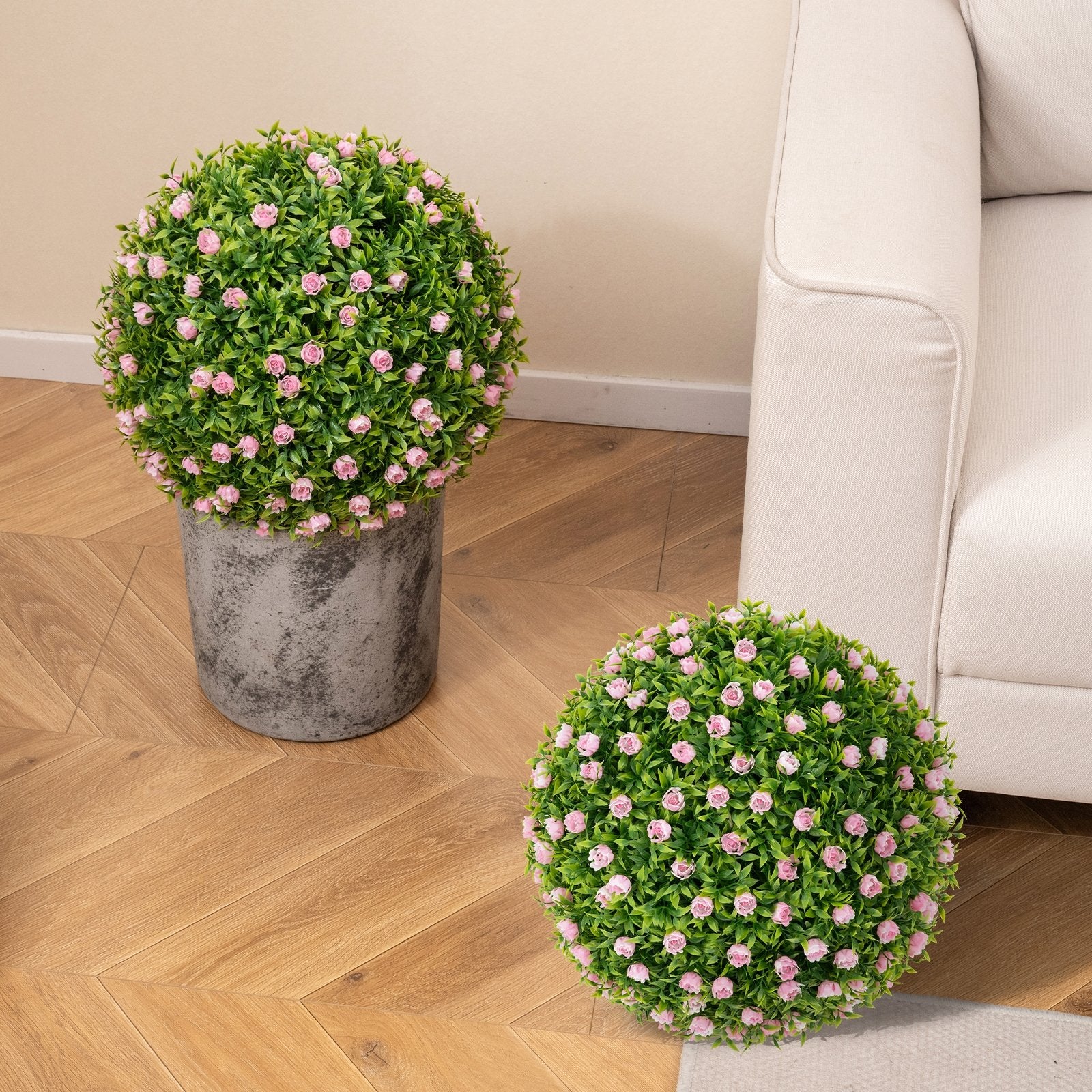 2 Pieces Artificial Plant Topiary Balls 17.5 Inch Faux Decorative Balls with Pink Flowers, Green Faux Plants   at Gallery Canada