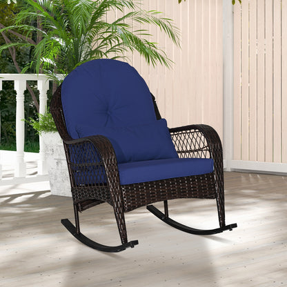 Patio Rattan Rocking Chair with Seat Back Cushions and Waist Pillow, Navy Patio Rocking Chairs & Gliders at Gallery Canada