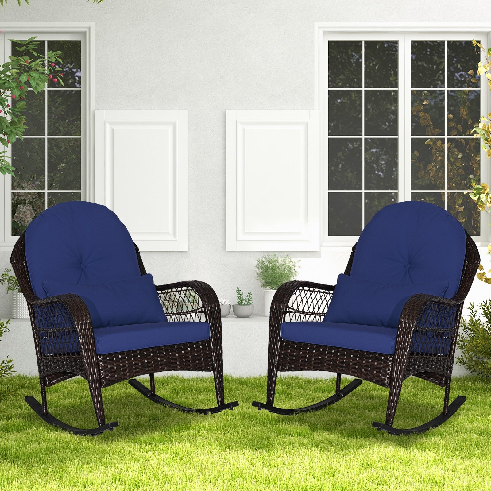 Patio Rattan Rocking Chair with Seat Back Cushions and Waist Pillow, Navy Patio Rocking Chairs & Gliders at Gallery Canada