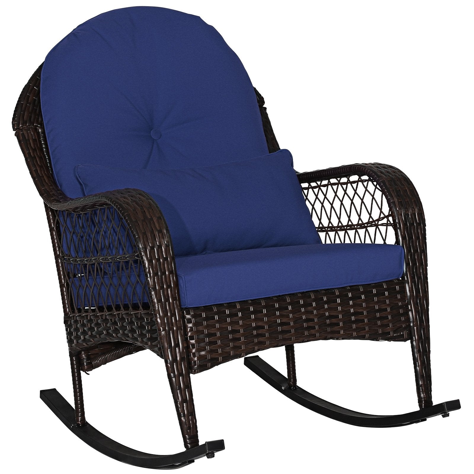 Patio Rattan Rocking Chair with Seat Back Cushions and Waist Pillow, Navy Patio Rocking Chairs & Gliders Navy at Gallery Canada