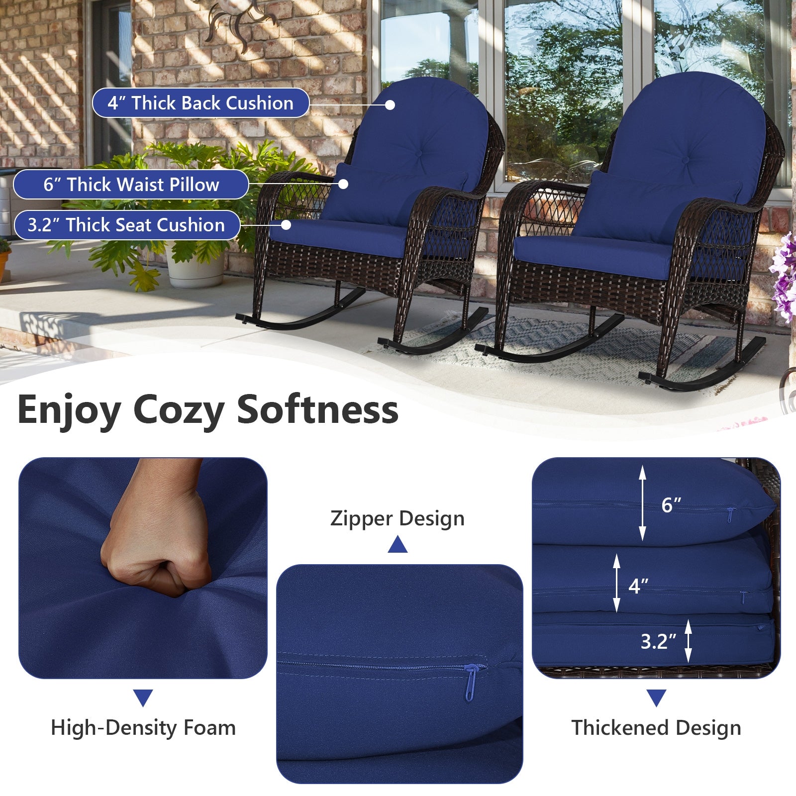 Patio Rattan Rocking Chair with Seat Back Cushions and Waist Pillow, Navy Patio Rocking Chairs & Gliders at Gallery Canada