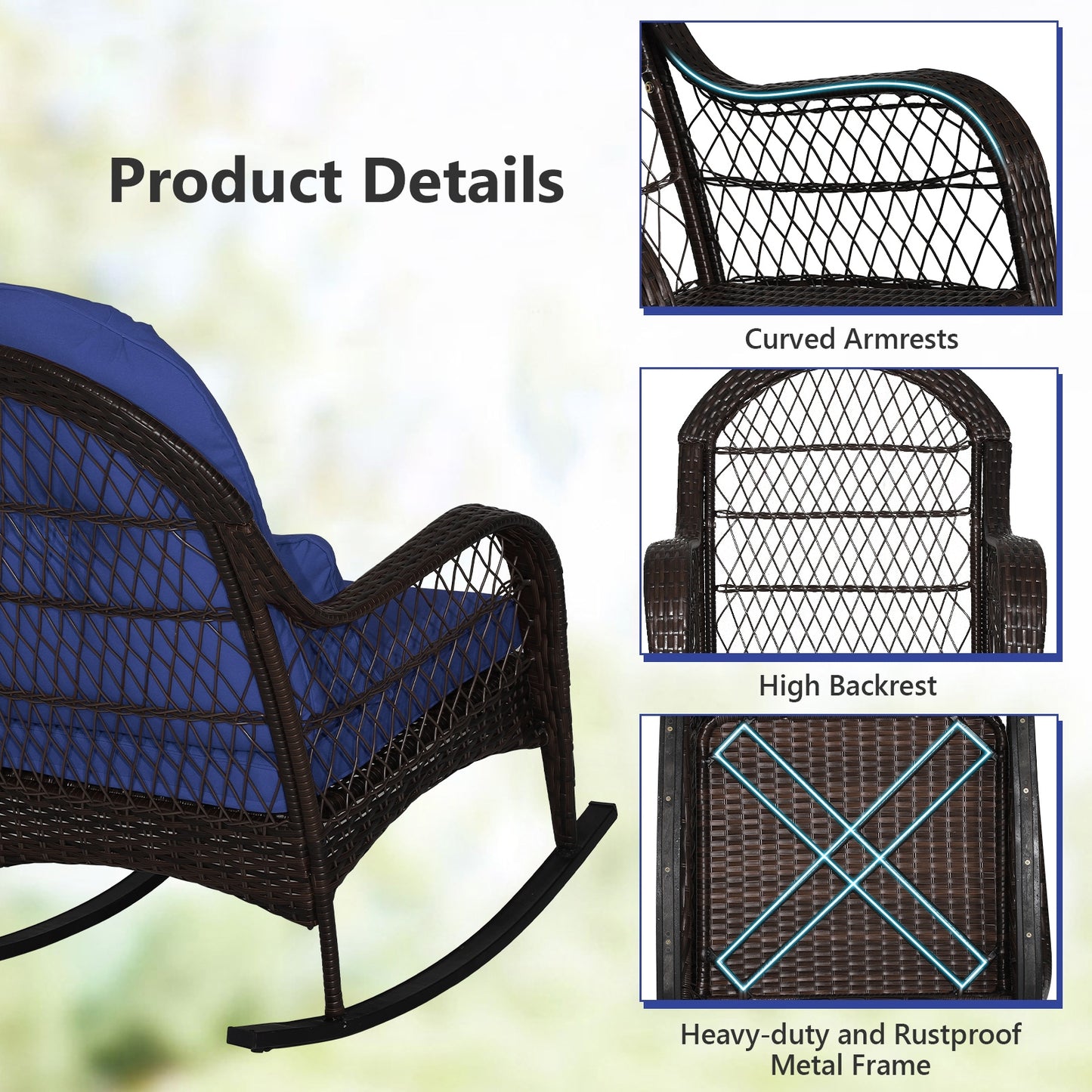 Patio Rattan Rocking Chair with Seat Back Cushions and Waist Pillow, Navy Patio Rocking Chairs & Gliders at Gallery Canada