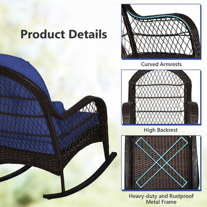 Patio Rattan Rocking Chair with Seat Back Cushions and Waist Pillow, Navy Patio Rocking Chairs & Gliders at Gallery Canada