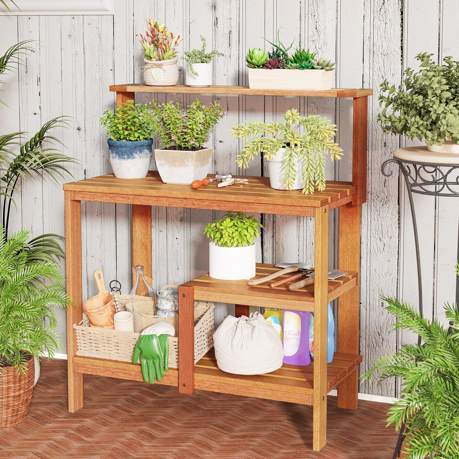 Outdoor Garden Potting Wood Planting Workstation with Open Shelves Potting Benches & Tables at Gallery Canada