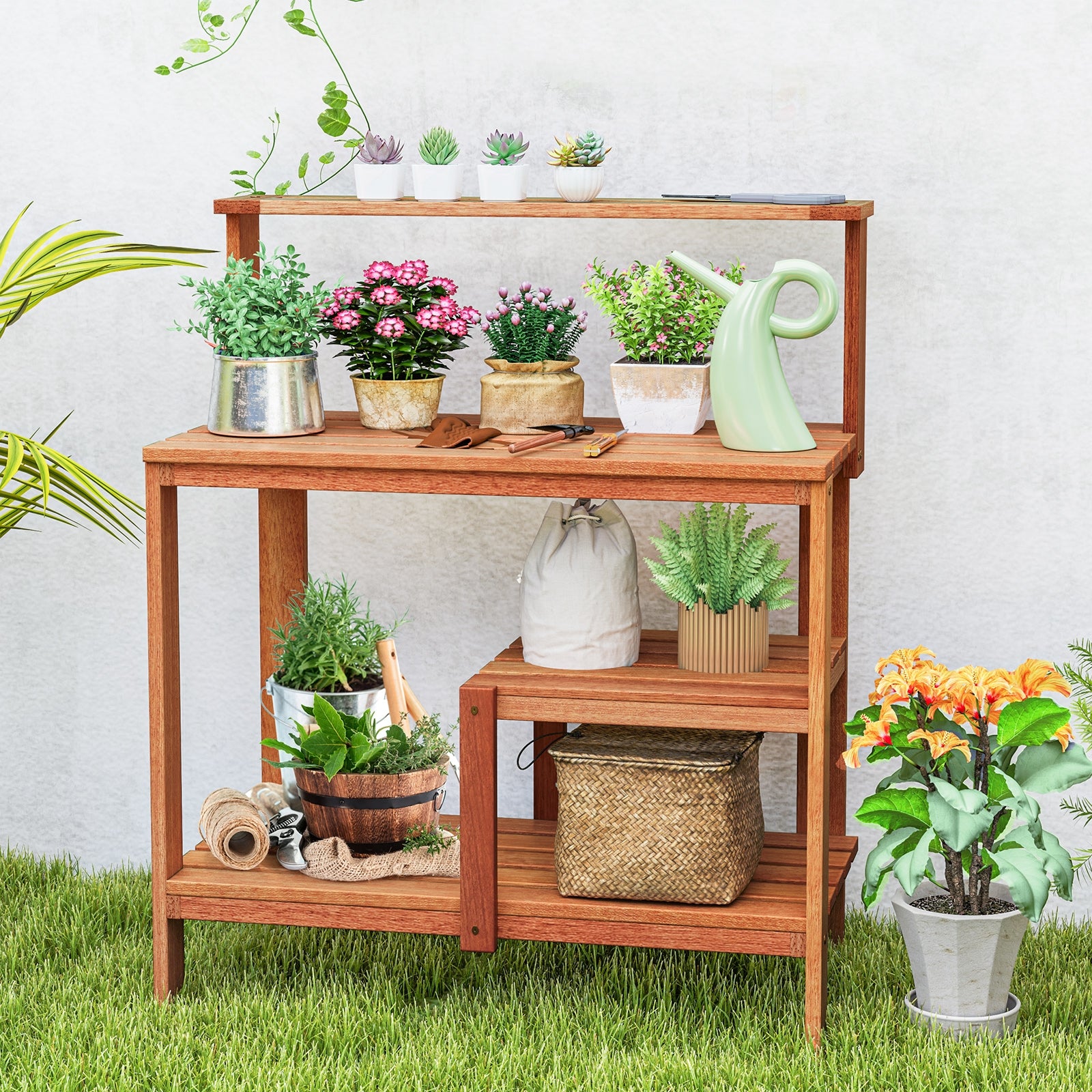 Outdoor Garden Potting Wood Planting Workstation with Open Shelves Potting Benches & Tables at Gallery Canada
