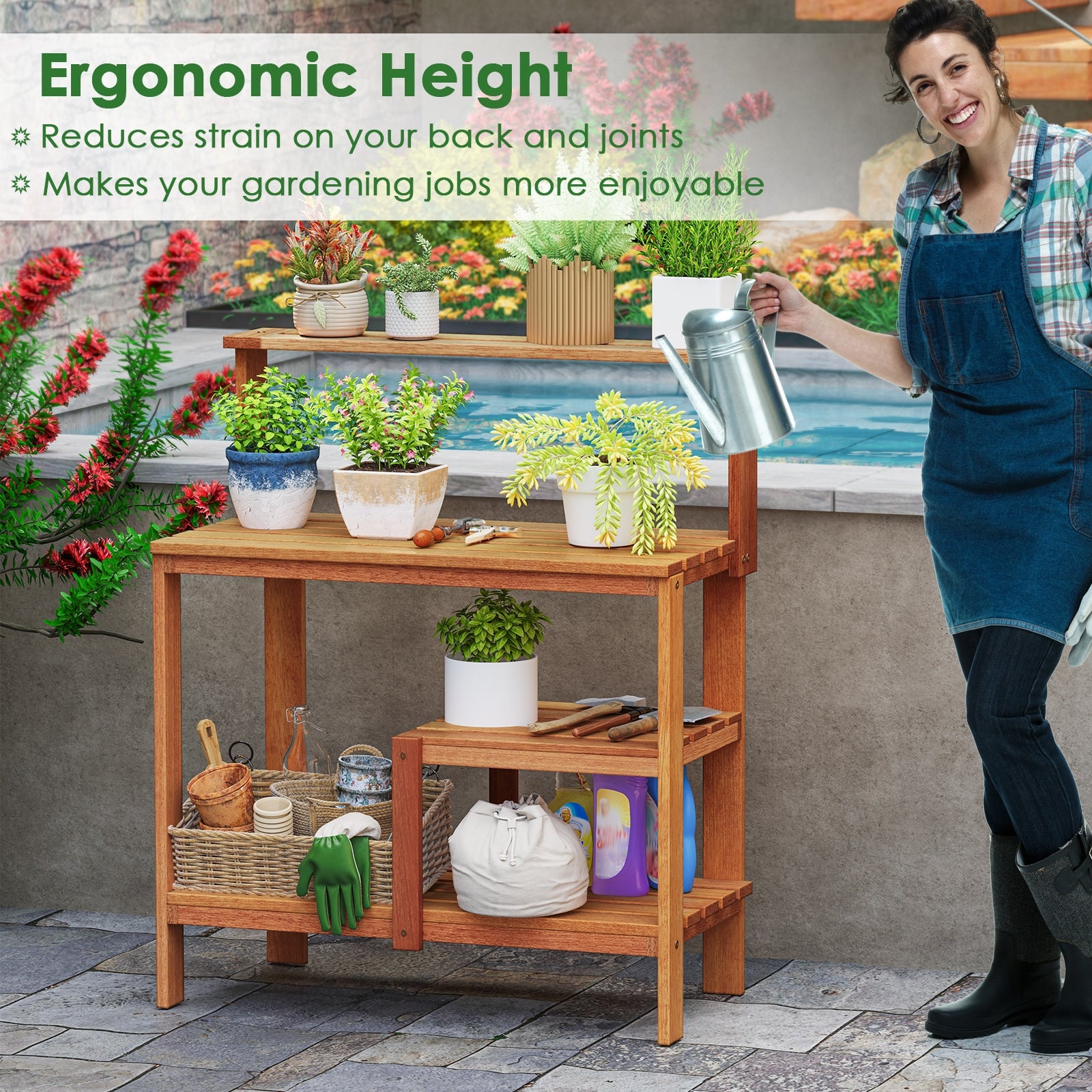 Outdoor Garden Potting Wood Planting Workstation with Open Shelves Potting Benches & Tables at Gallery Canada