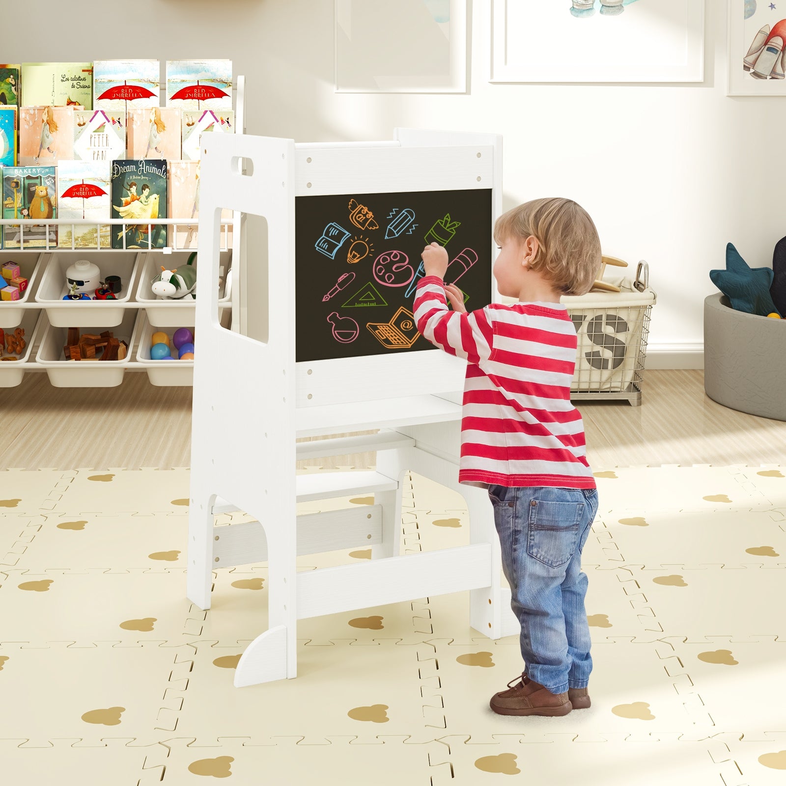 Toddler Kitchen Step Stool with Activity Chalkboard and Adjustable Height, White Toddler & Kids Furniture at Gallery Canada