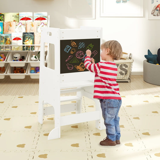 Toddler Kitchen Step Stool with Activity Chalkboard and Adjustable Height, White Toddler & Kids Furniture White at Gallery Canada