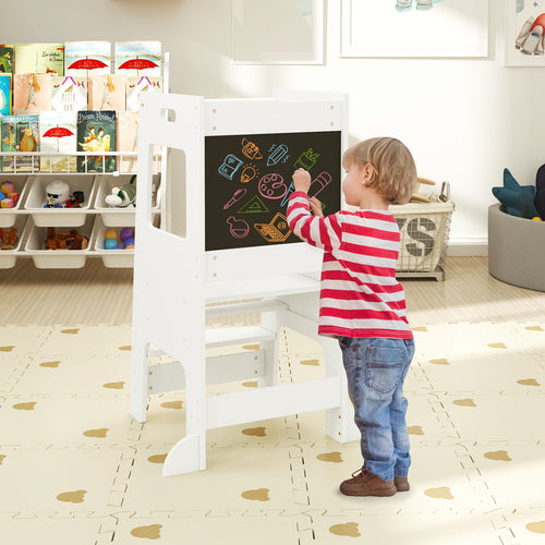 Toddler Kitchen Step Stool with Activity Chalkboard and Adjustable Height, White