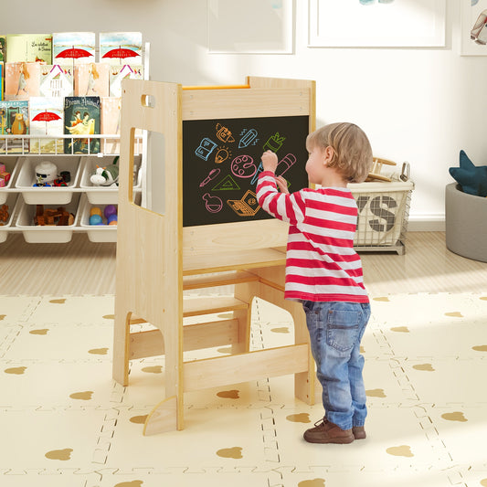 Toddler Kitchen Step Stool with Activity Chalkboard and Adjustable Height, Natural Toddler & Kids Furniture Natural at Gallery Canada