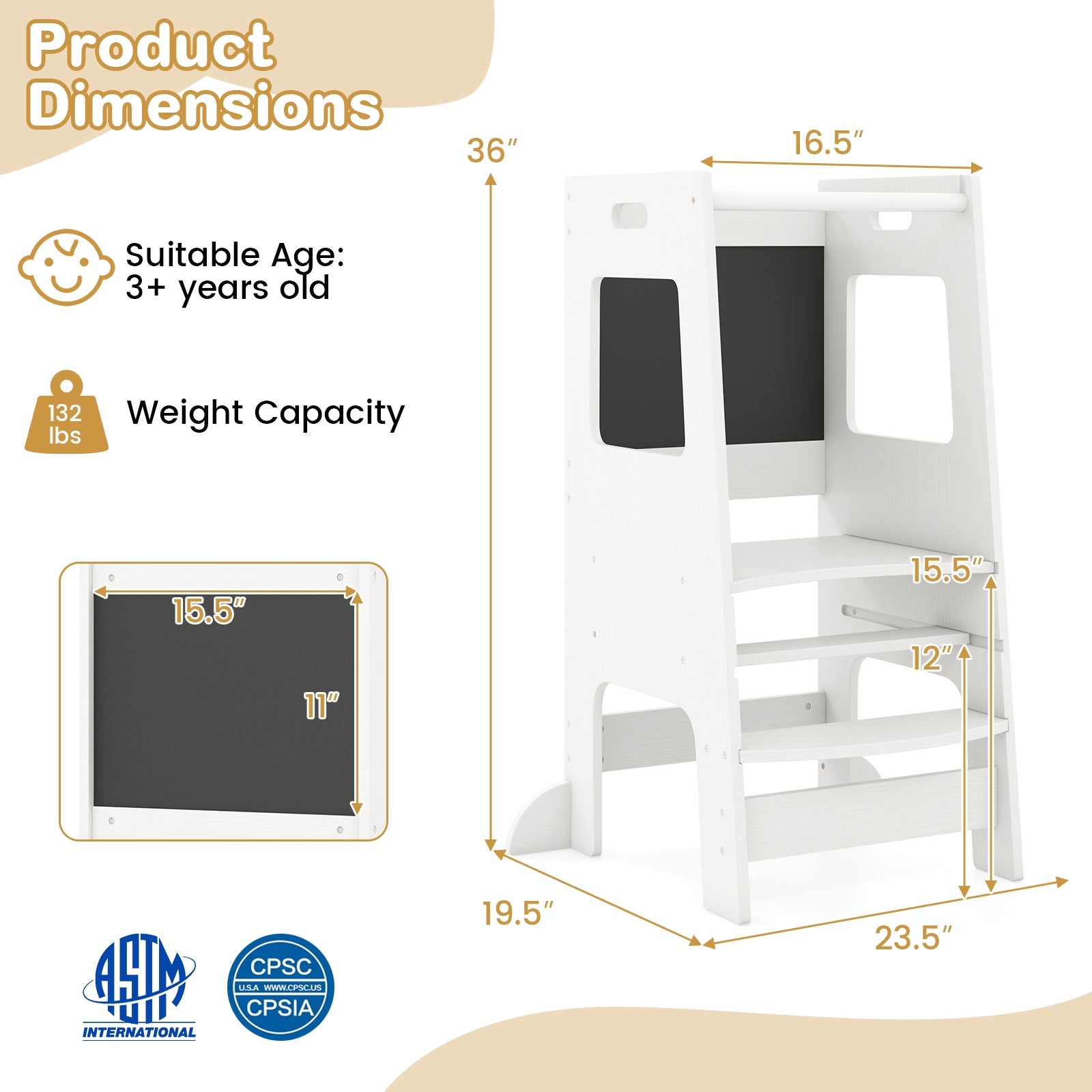 Toddler Kitchen Step Stool with Activity Chalkboard and Adjustable Height, White Toddler & Kids Furniture at Gallery Canada