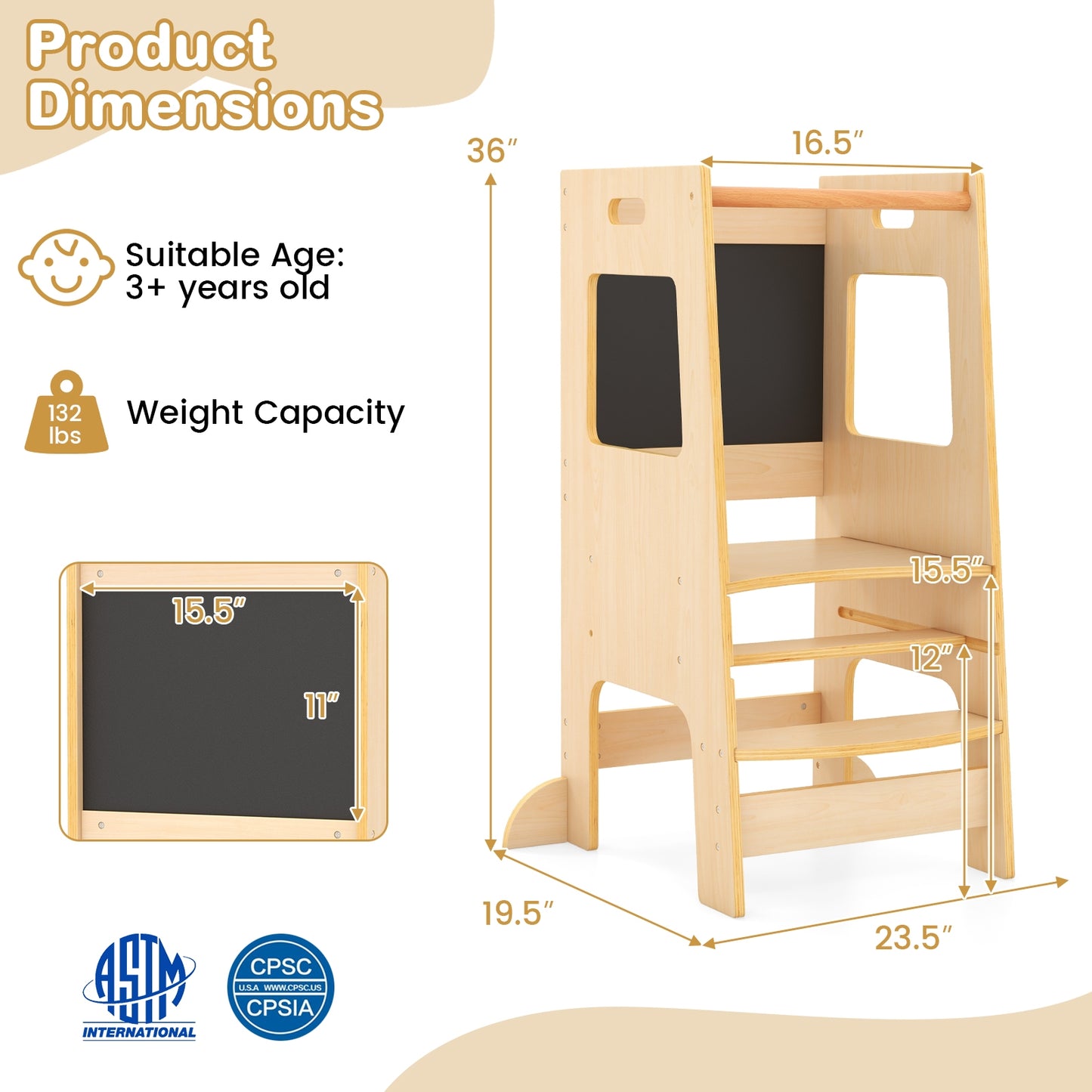 Toddler Kitchen Step Stool with Activity Chalkboard and Adjustable Height, Natural Toddler & Kids Furniture at Gallery Canada